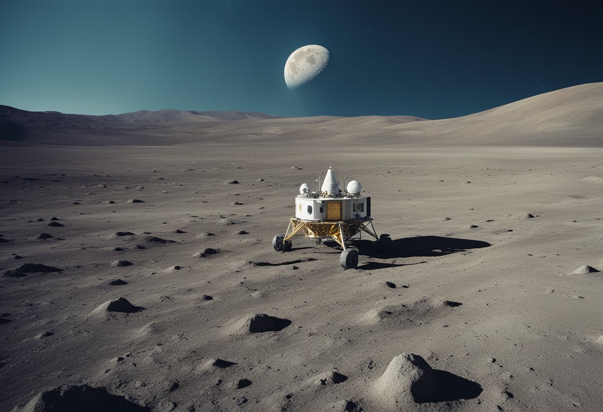A rocket lands on the moon's surface, with a group of tourists disembarking to explore the lunar landscape. Nearby, a historic lunar rover sits abandoned, a testament to the history of lunar exploration