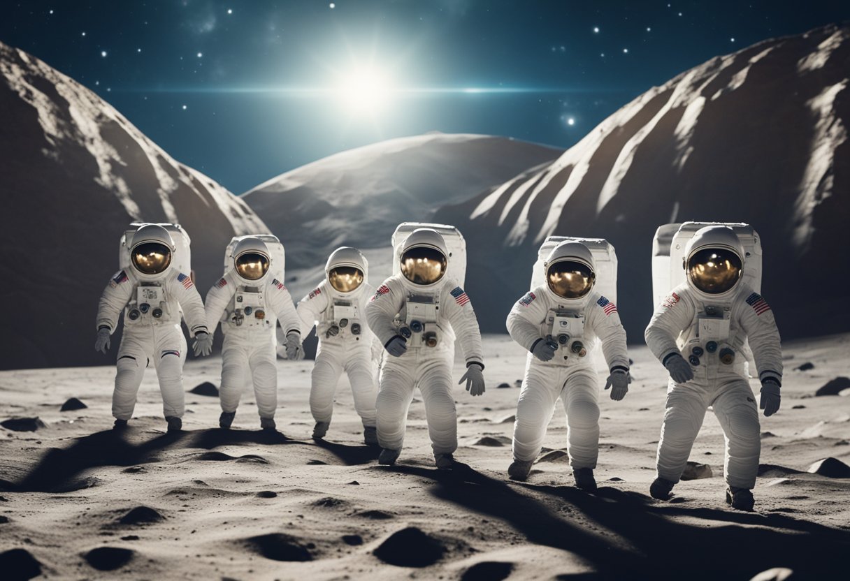 Lunar tourists train in a simulated low-gravity environment, practicing moonwalking and navigating lunar terrain