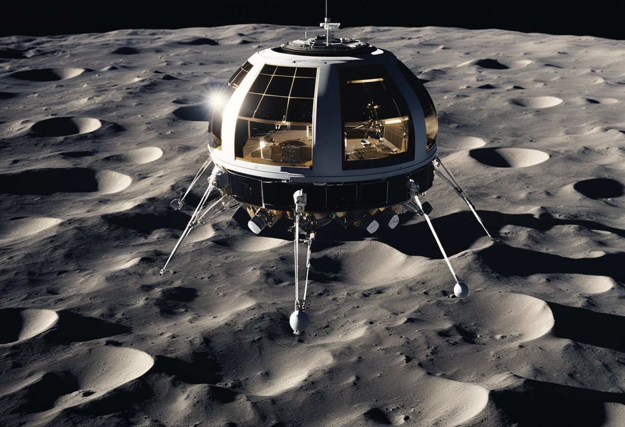 A spacecraft hovers over the lunar surface, with Earth visible in the background. The spacecraft is sleek and futuristic, with solar panels and a large viewing window for passengers