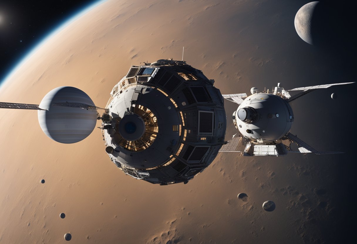 A spacecraft orbits the moon, with Mars visible in the distance. A space hotel and tourist shuttle are visible nearby. The Earth is seen in the background