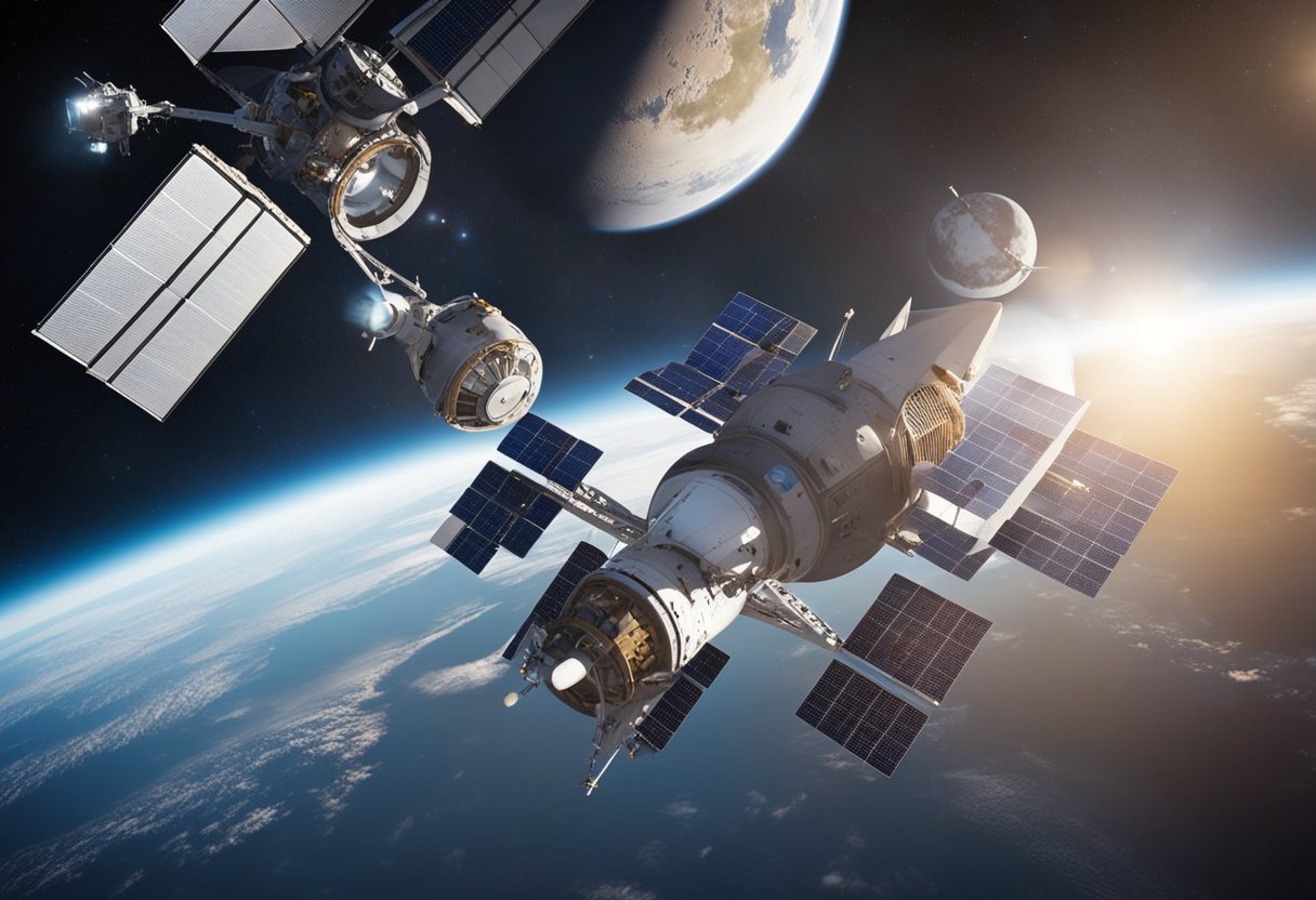 A futuristic space station orbits Earth, with shuttles departing for the moon and Mars. Solar panels and recycling systems showcase sustainability. Ethical guidelines are displayed for space tourism