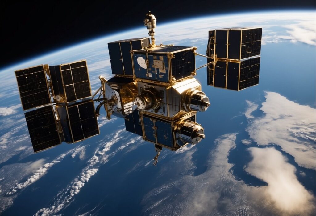 A satellite with large solar panels orbits above Earth, showcasing the promise of democratising space exploration as clouds and landmasses are visible on the planet’s surface below.