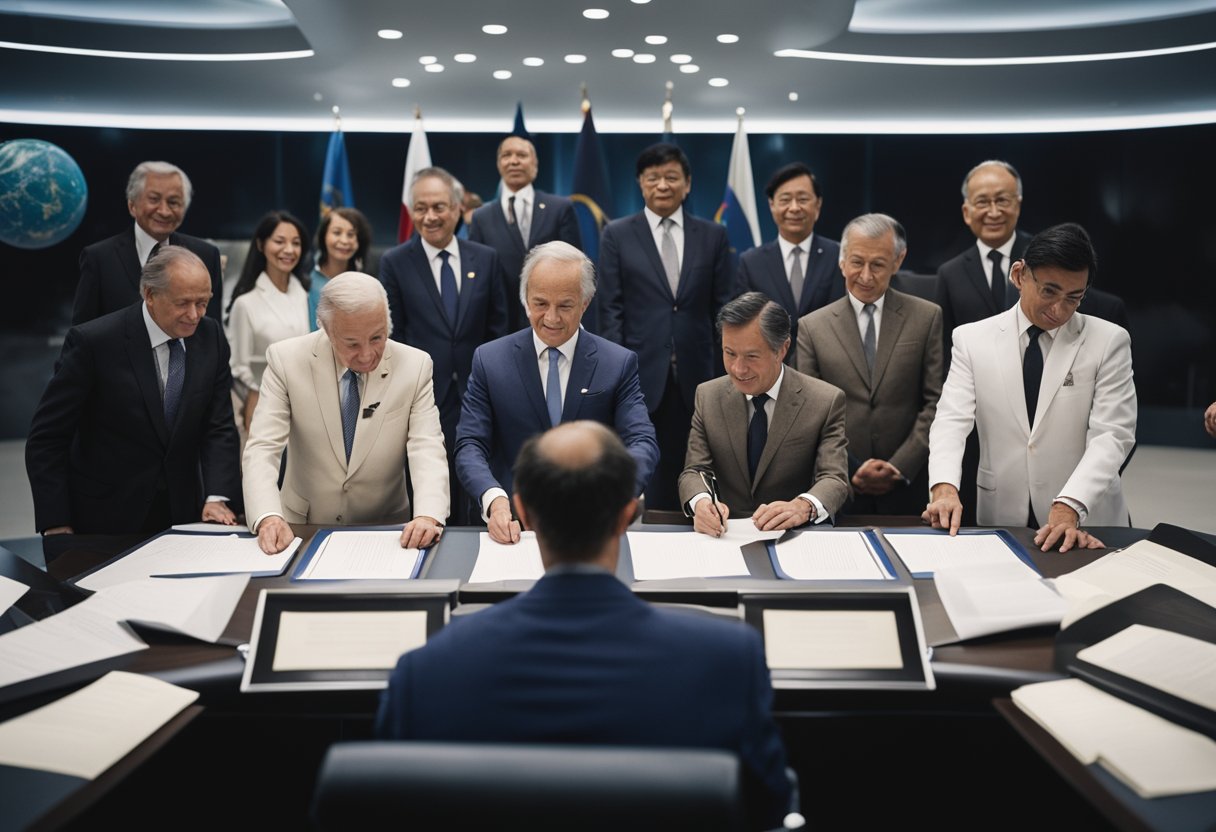A group of diplomats from various nations sign a space treaty, symbolizing future cooperation and advancements in space exploration