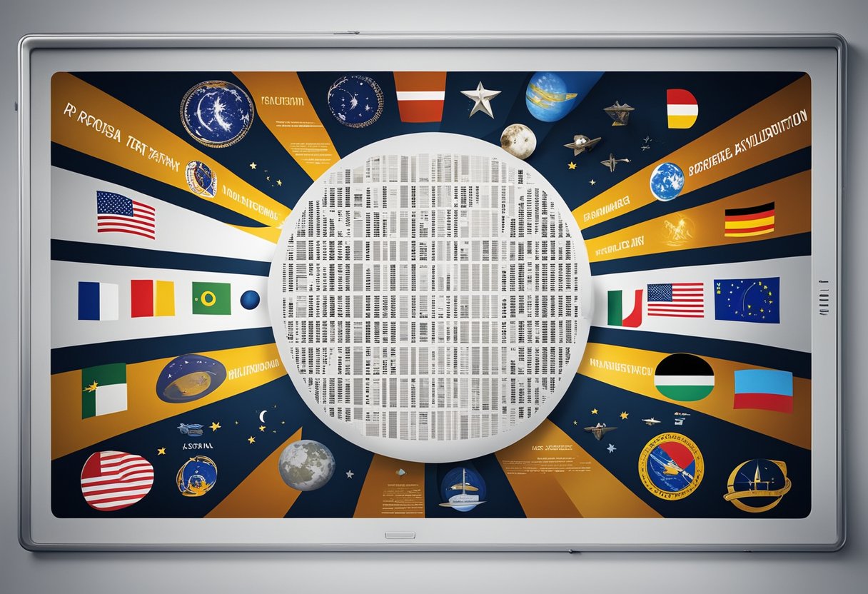 The treaty text is displayed on a digital screen, surrounded by international flags and symbols of space exploration