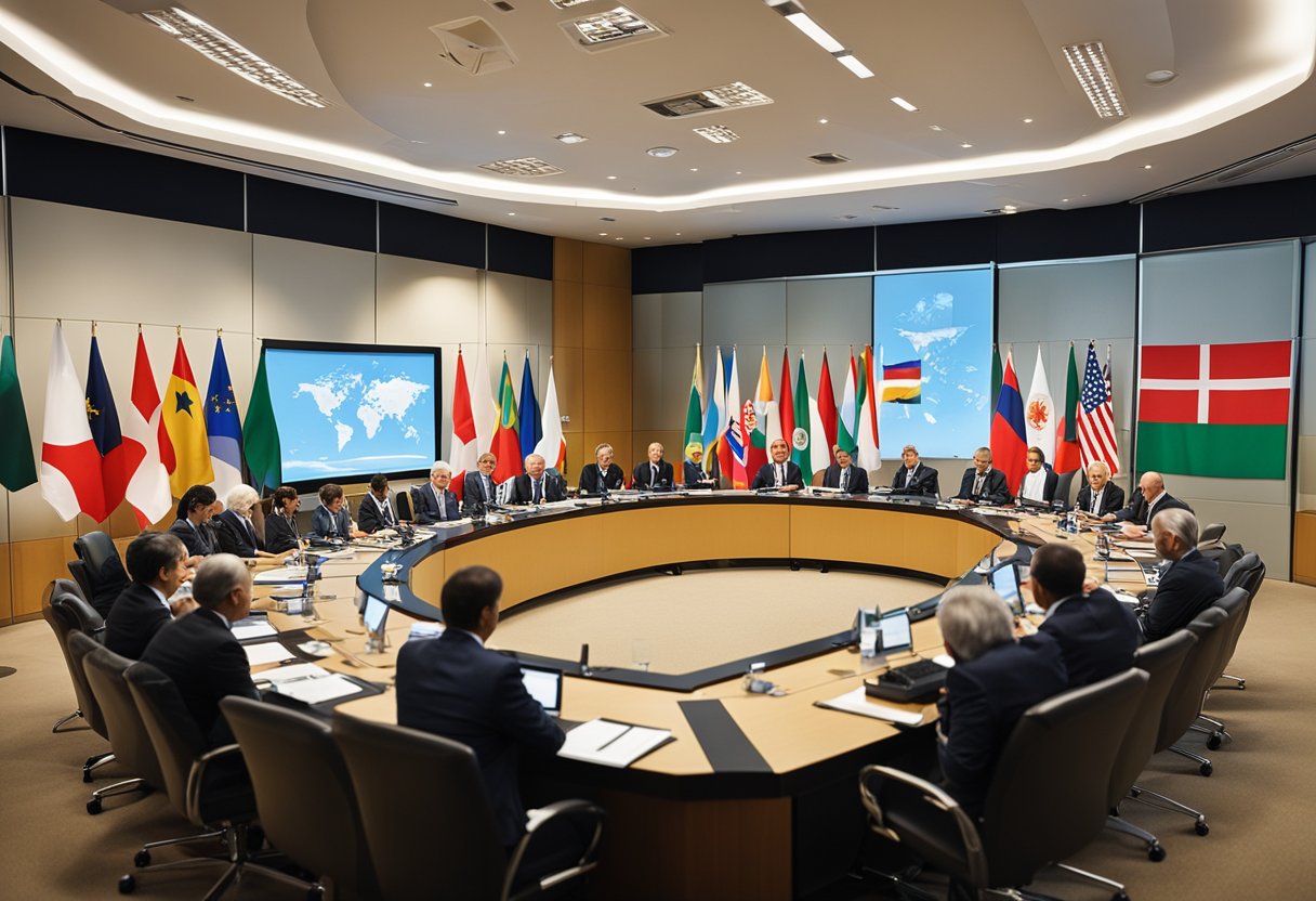 International committees discuss space treaty updates in a conference room with flags of different nations and charts on the walls