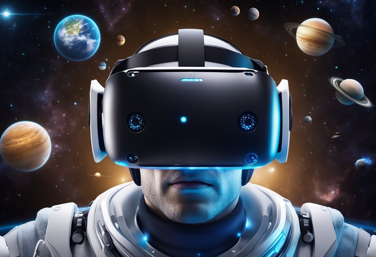 A VR headset floating in outer space, surrounded by planets and stars. A holographic FAQ list hovers nearby