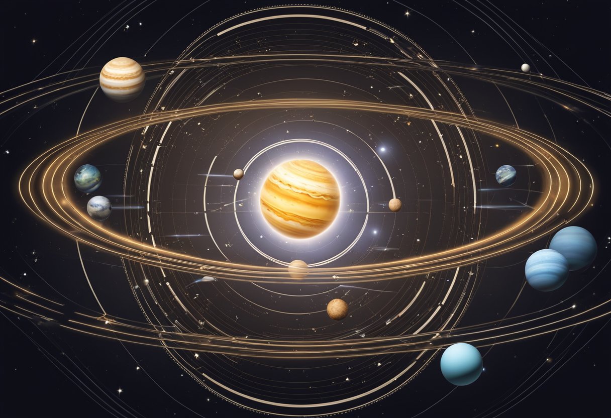 Orbital mechanics: planets orbiting a central star, demonstrating gravitational pull and elliptical paths
