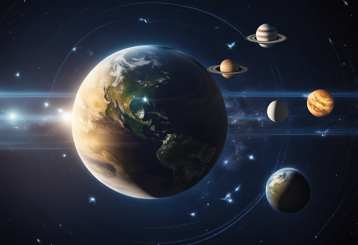 Orbital mechanics: planets orbiting a star, moons orbiting a planet, and satellites orbiting Earth. Gravity, velocity, and trajectory are key principles