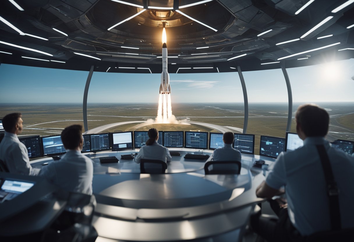 A rocket launches from a futuristic spaceport, surrounded by a team of engineers and scientists conducting safety checks and outreach programs