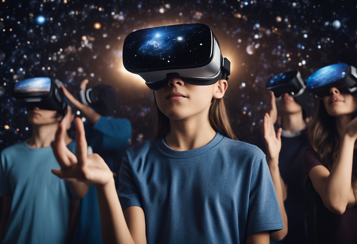 A mobile VR device hovers in space, projecting images of distant galaxies and planets. A group of young students eagerly reaches out to touch the virtual stars and learn about the universe
