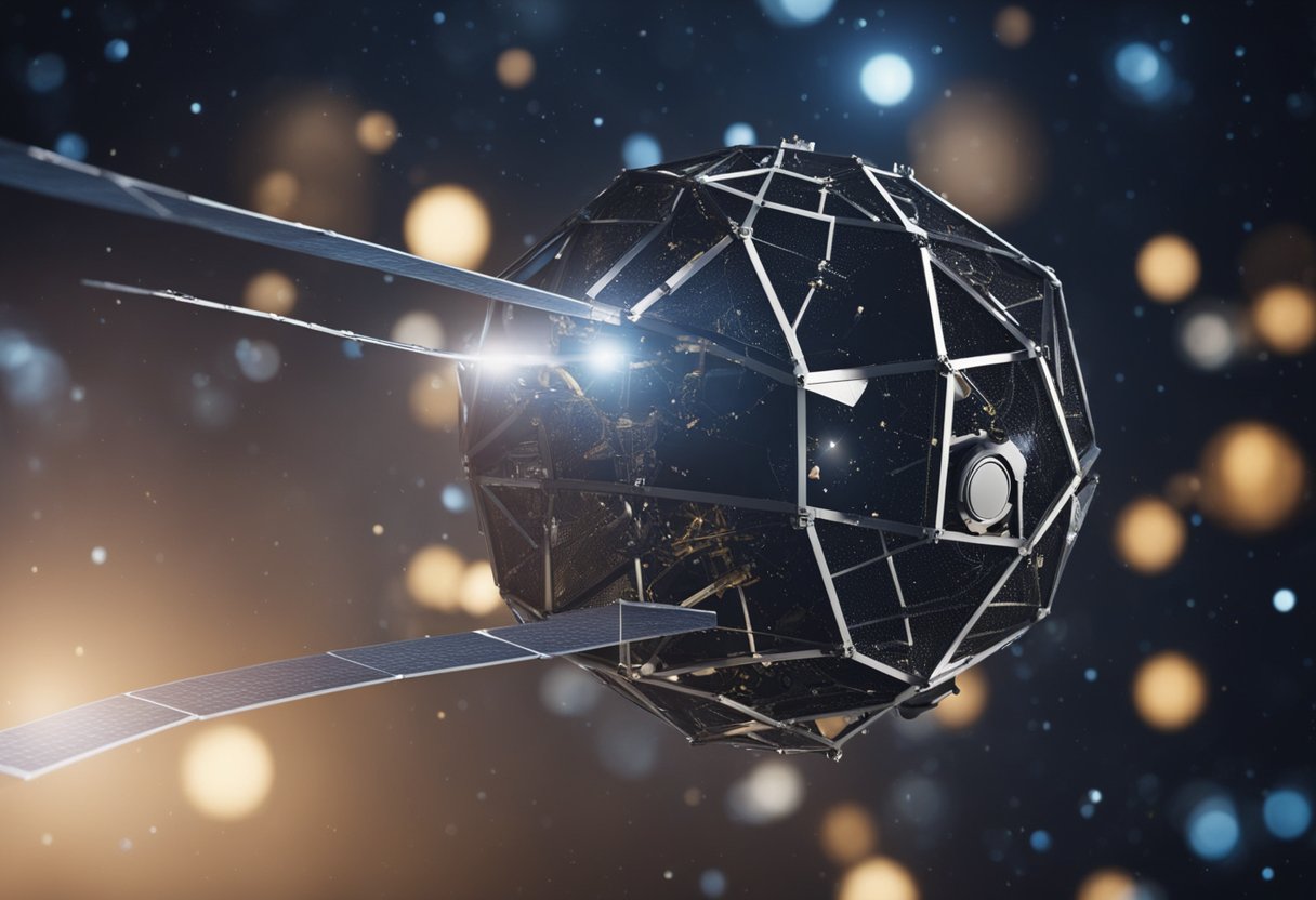 A satellite deploys a net to capture space debris for future disposal