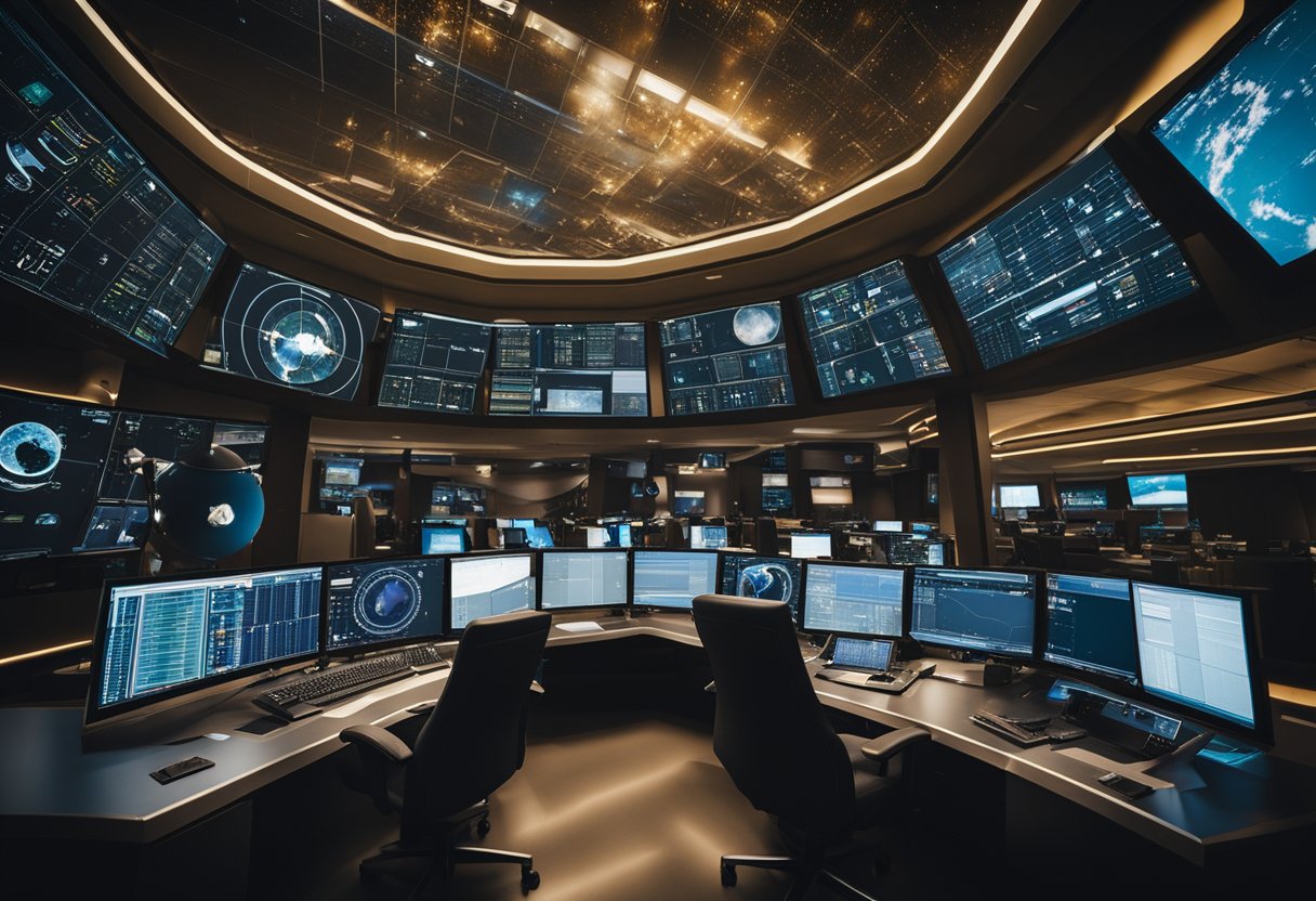 A control center monitors and regulates space debris movement, while spacecraft adhere to legislation and governance protocols
