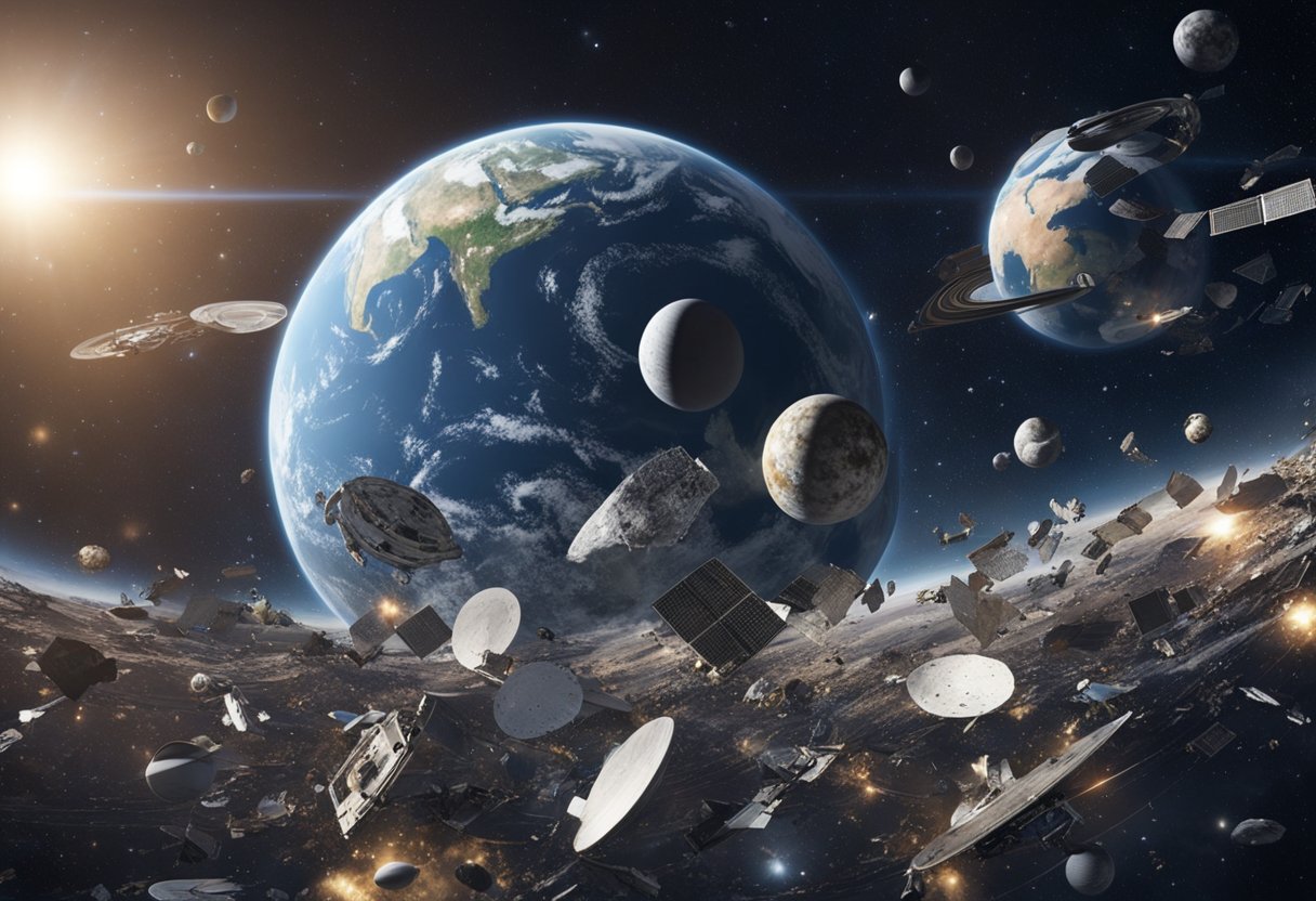 A cluttered orbit with various sizes of debris orbiting the Earth. Some pieces are broken satellites, others are fragments from past space missions