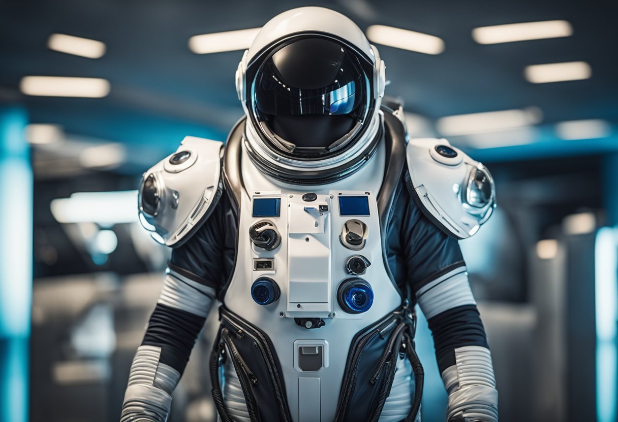 Space Suit Technological Advances - A sleek, modernized space suit with advanced technology and intricate details, featuring streamlined design and integrated life support systems