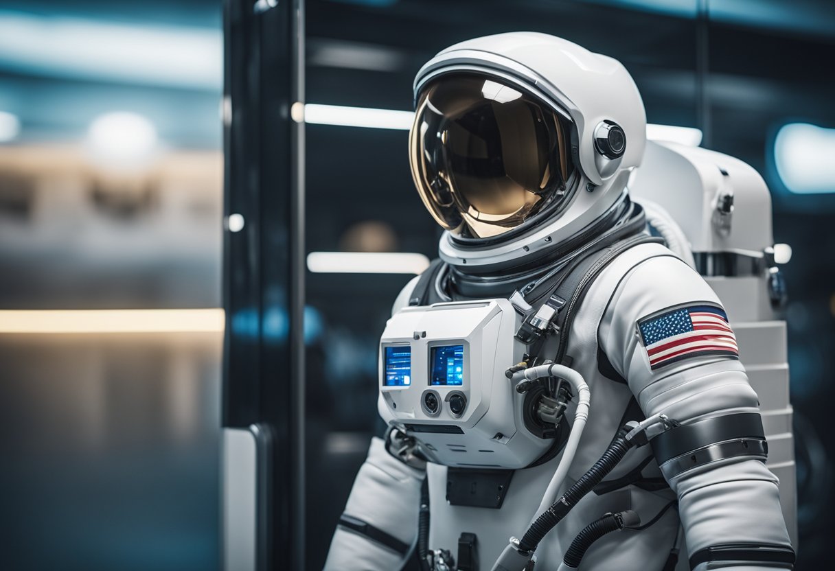 A space suit with advanced life support and oxygen systems, featuring sleek and futuristic design, with visible integrated technology and streamlined components