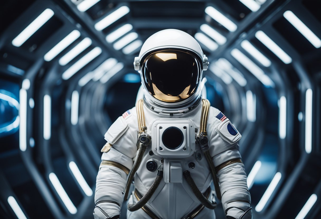 A space suit suspended in a high-tech, minimalist environment, showcasing its sleek design and futuristic components