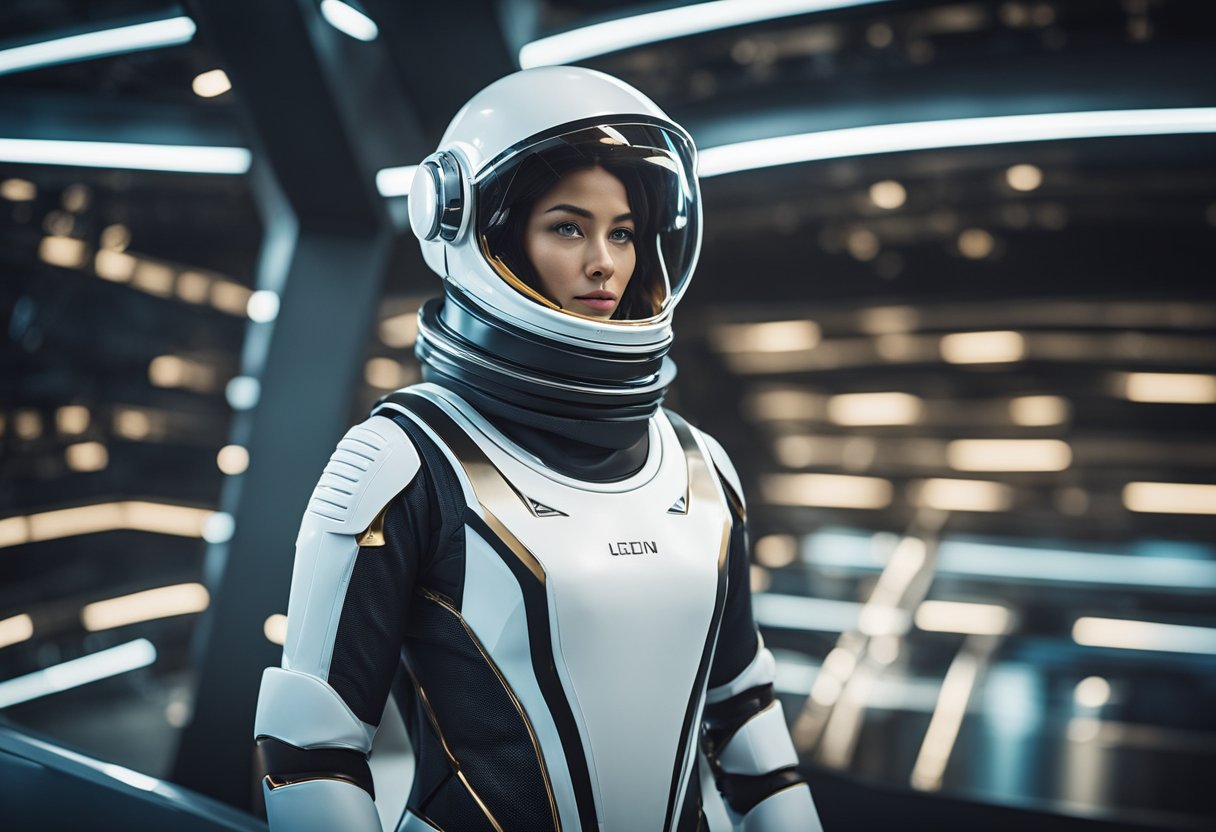 A sleek, modern space suit with advanced technology and upgrades, featuring streamlined design and high-tech materials