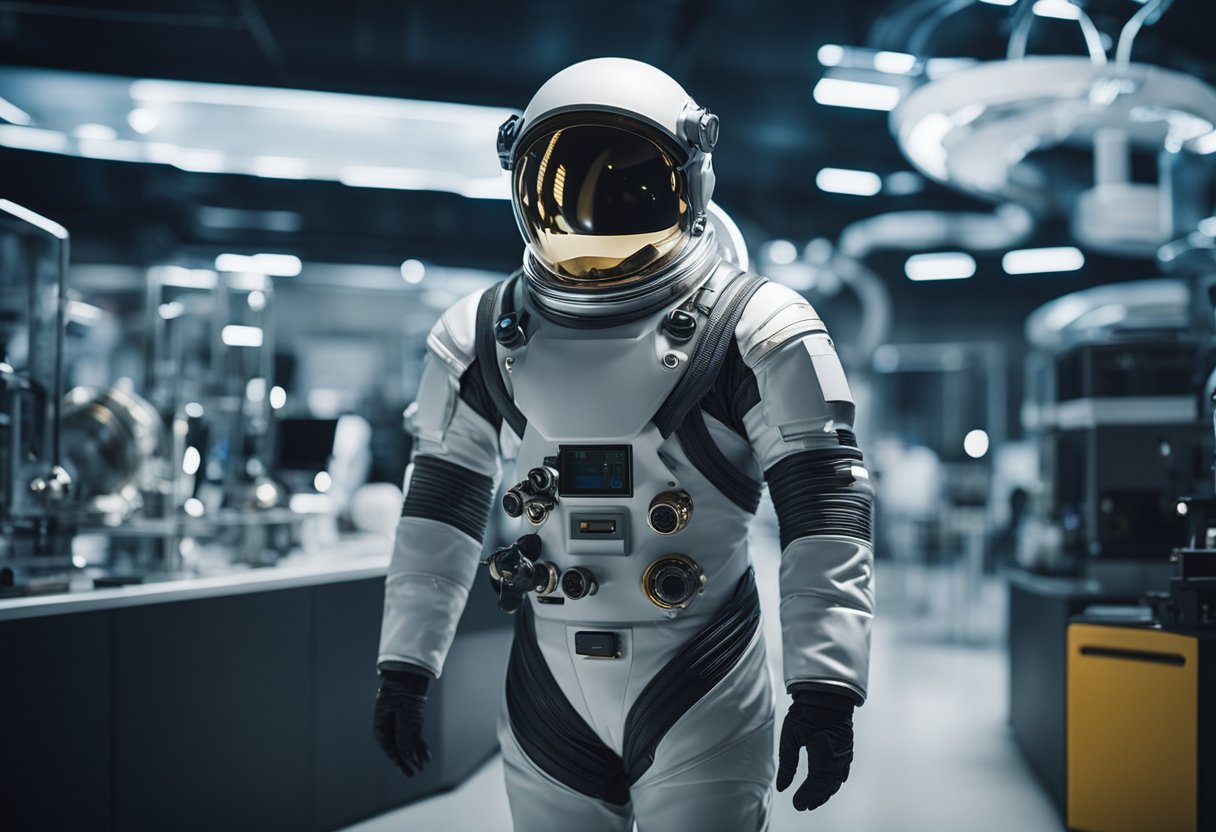 Advanced space suits displayed with futuristic technology in a lab setting