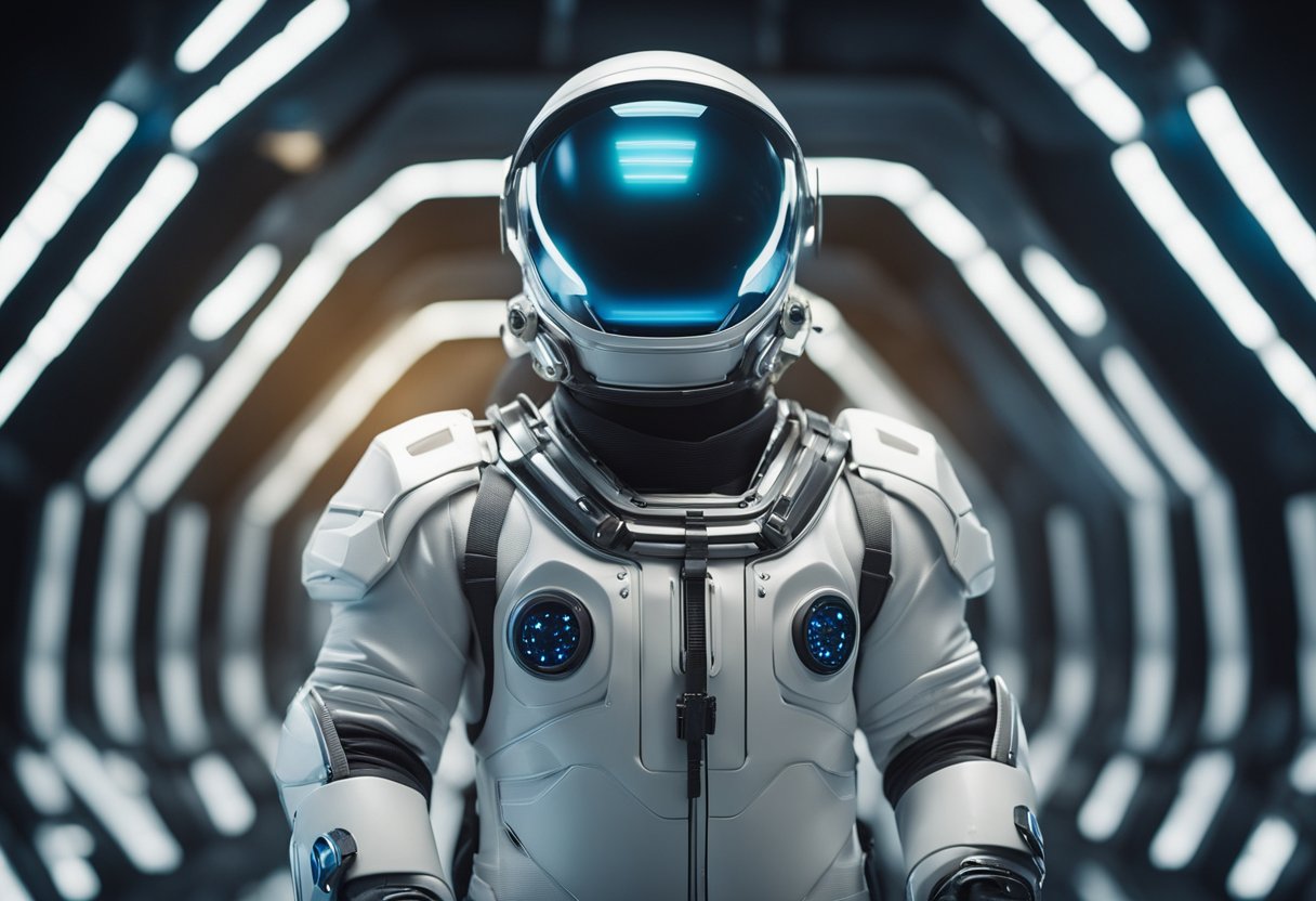 A sleek, high-tech space suit stands on a futuristic platform, with advanced protective features and built-in safety mechanisms