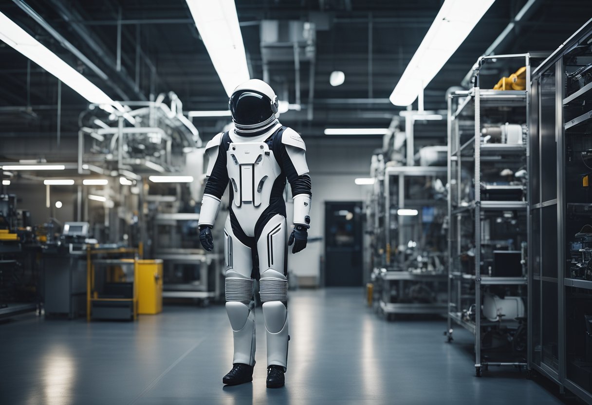 A sleek, modern space suit hangs in a high-tech fabrication space, surrounded by advanced materials and tools