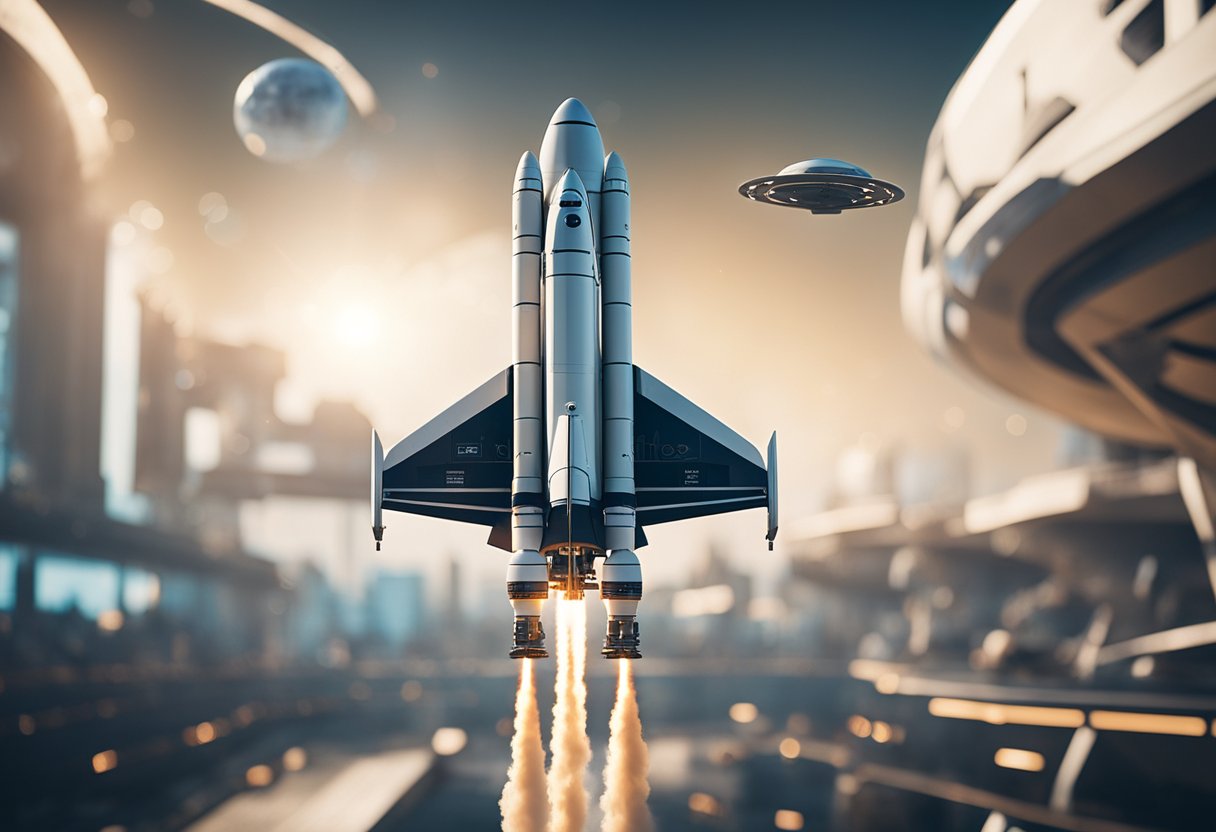 Spacecraft launching from a futuristic spaceport, surrounded by bustling space exploration startups