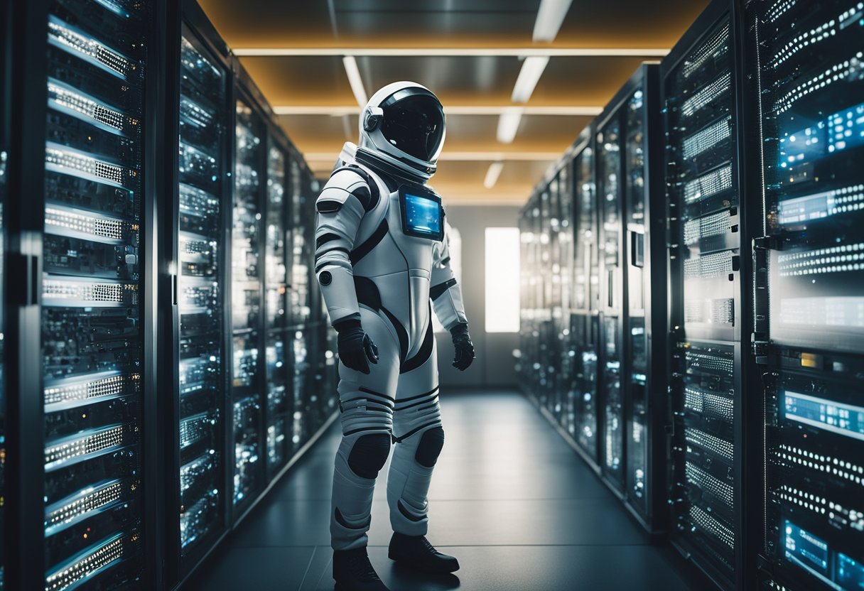 A sleek, high-tech space suit surrounded by data servers and communication devices
