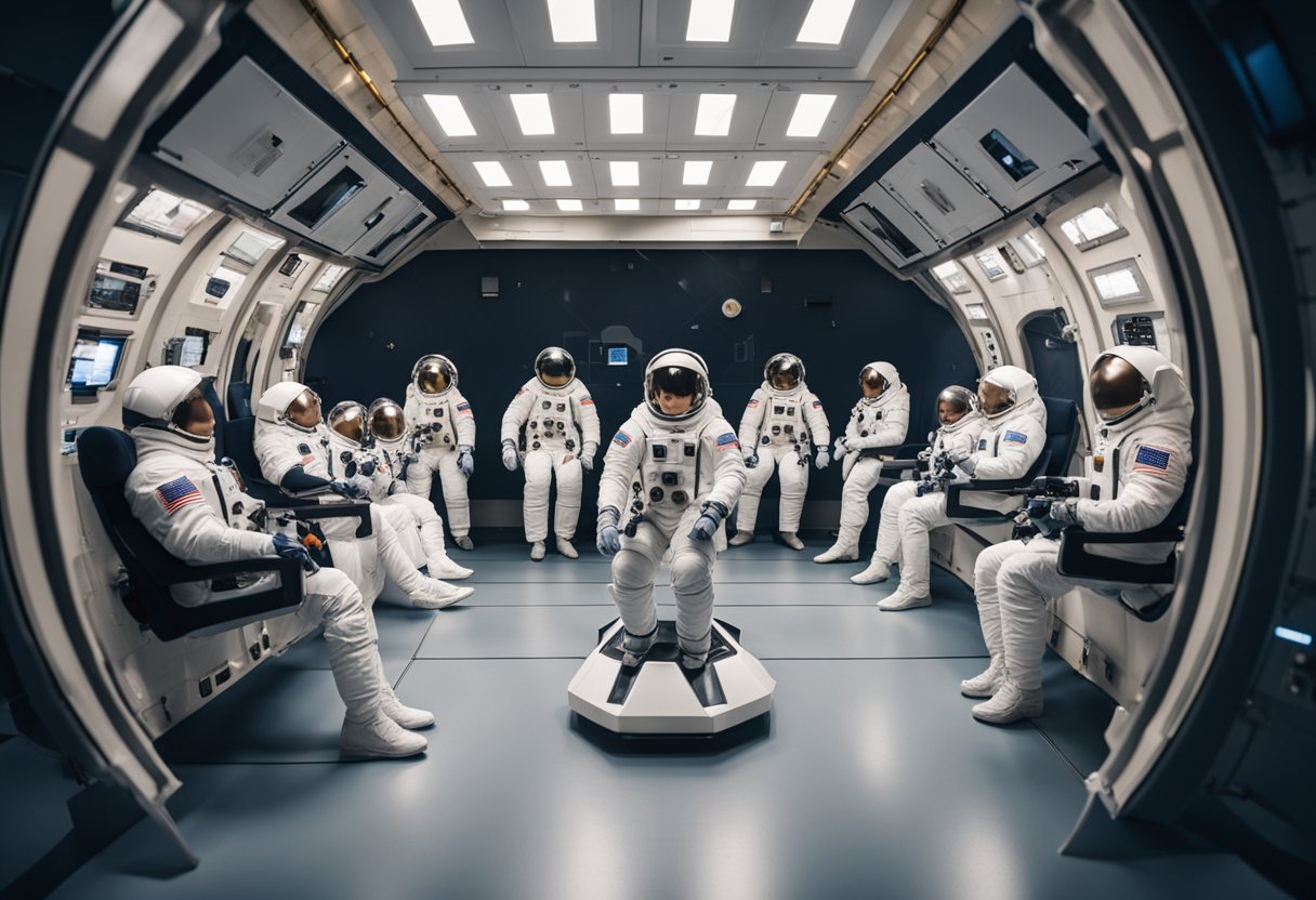 Astronauts in simulation pods, training for space missions