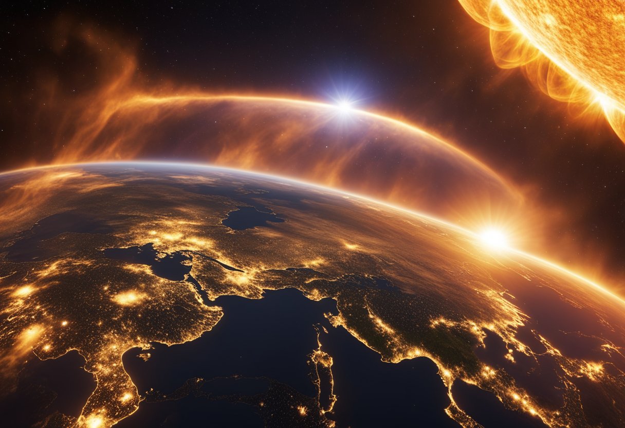 The sun emits solar flares and coronal mass ejections, impacting Earth's magnetosphere. Monitoring stations track the intensity and impact of these space weather events