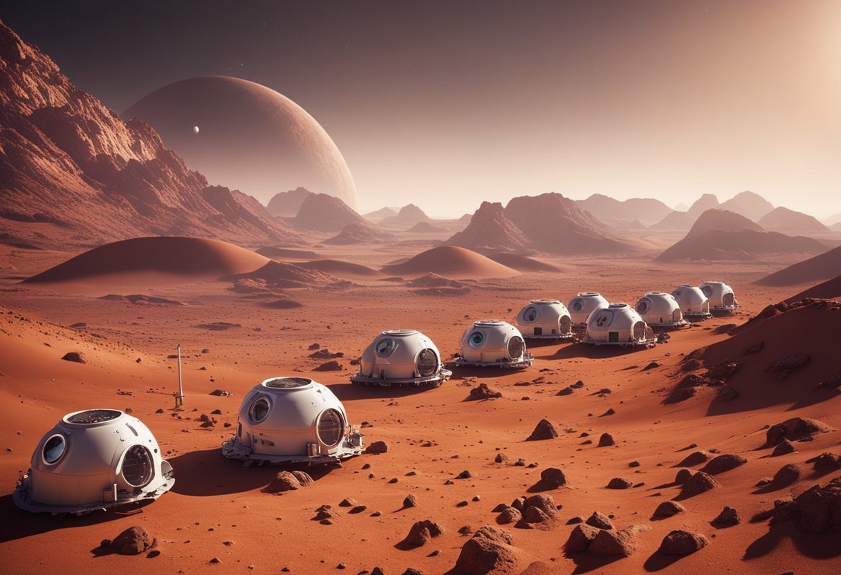 A cluster of Martian outposts dot the red landscape, showcasing the ambition of space exploration startups