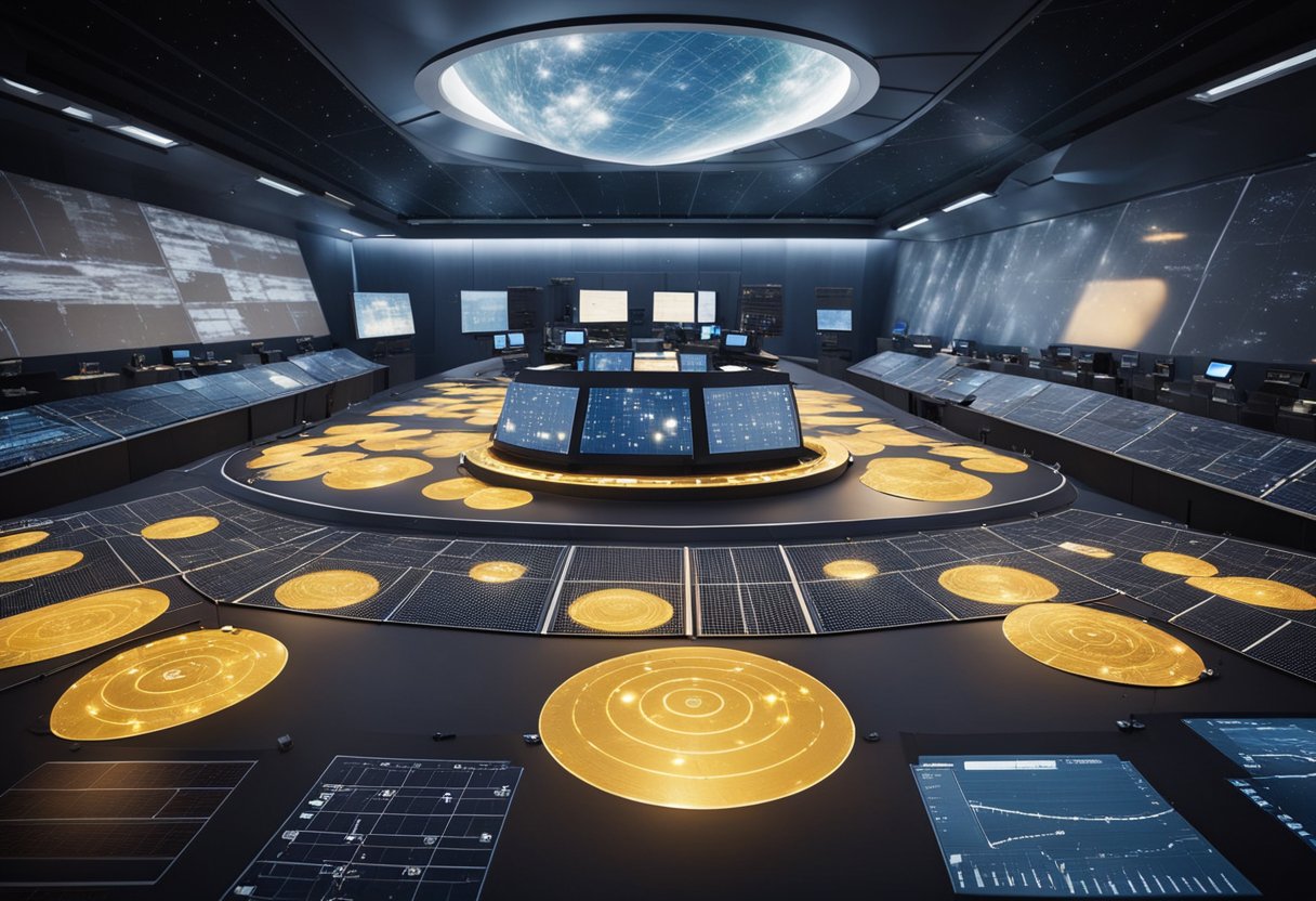 Satellite array tracks solar activity, while ground-based sensors monitor magnetic fields and radiation levels. Scientists analyze data in a control room, alerting agencies to potential space weather threats