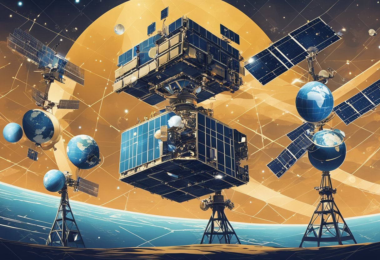 Satellites orbit Earth, collecting data on space weather. Ground-based stations receive and analyze the information, collaborating internationally for accurate monitoring