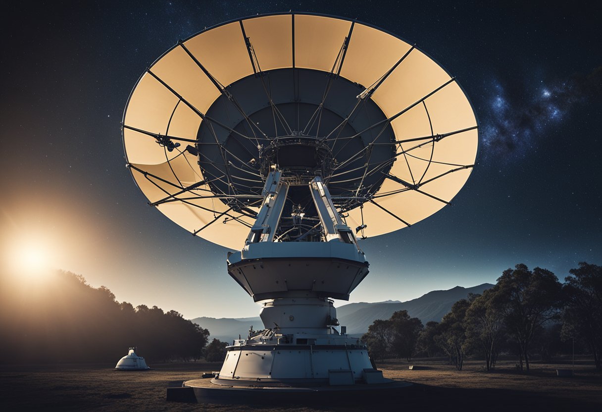 A large satellite dish points towards the stars, transmitting signals into deep space. Surrounding equipment hums with activity, as scientists monitor the communication process