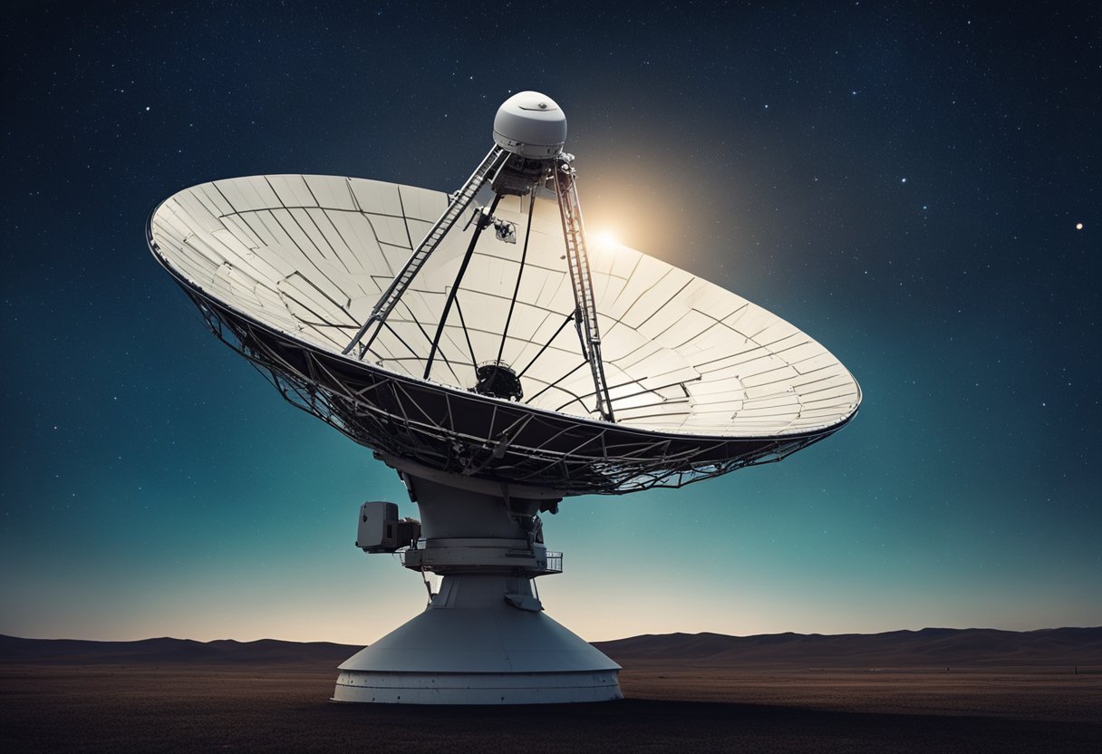 A satellite dish extends toward the stars, transmitting signals into the vast expanse of deep space