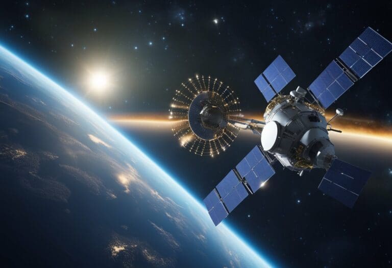 A satellite orbits Earth, featuring solar panels and a circular structure, against a backdrop of space with the sun and stars visible, equipped for deep space communication.