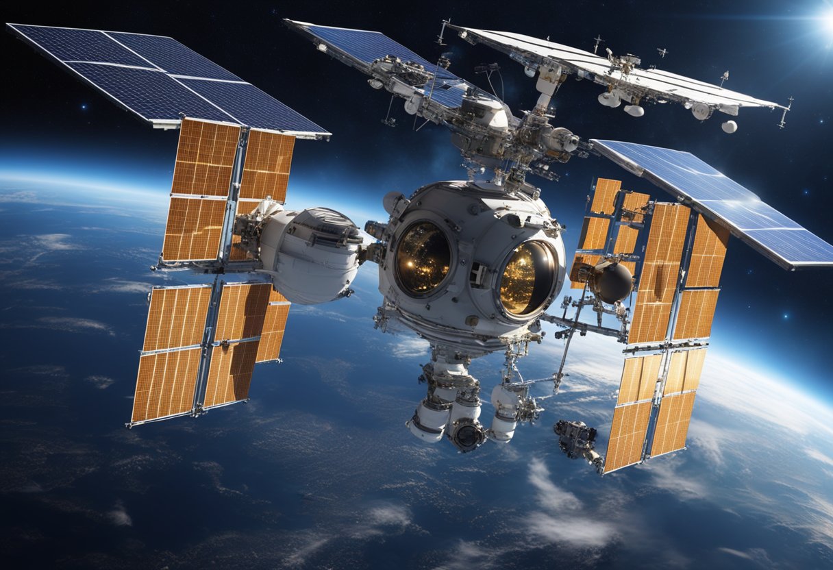 Space stations orbiting Earth, with solar panels and communication antennas, surrounded by stars and planets. Milestones in space exploration, such as the first spacewalk and docking of modules, are depicted
