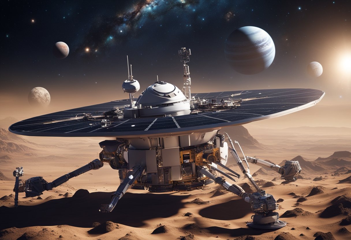 Robotic spacecraft and probes explore outer space, with planets and stars in the background