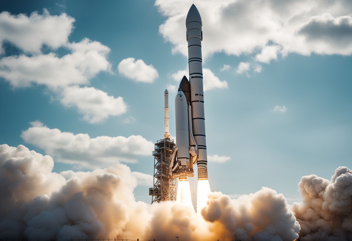 A rocket launches into space, carrying robotic arms and tools for space exploration startups