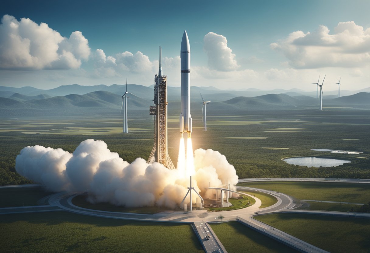 A rocket launches from a futuristic spaceport, surrounded by renewable energy sources and sustainable infrastructure. Ethical guidelines are prominently displayed