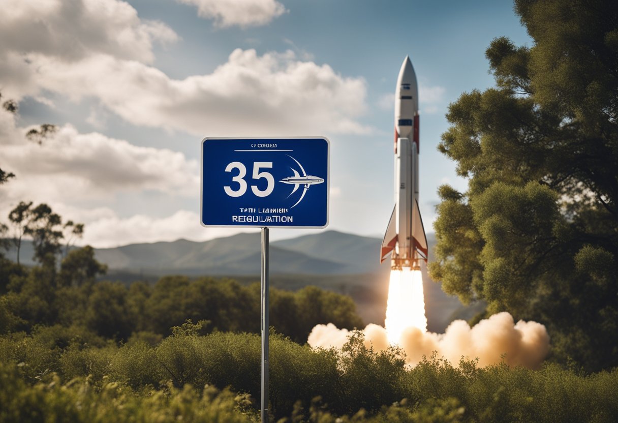 Space Tourism Regulation: A rocket launching from Earth with a visible space tourism regulation sign in the background
