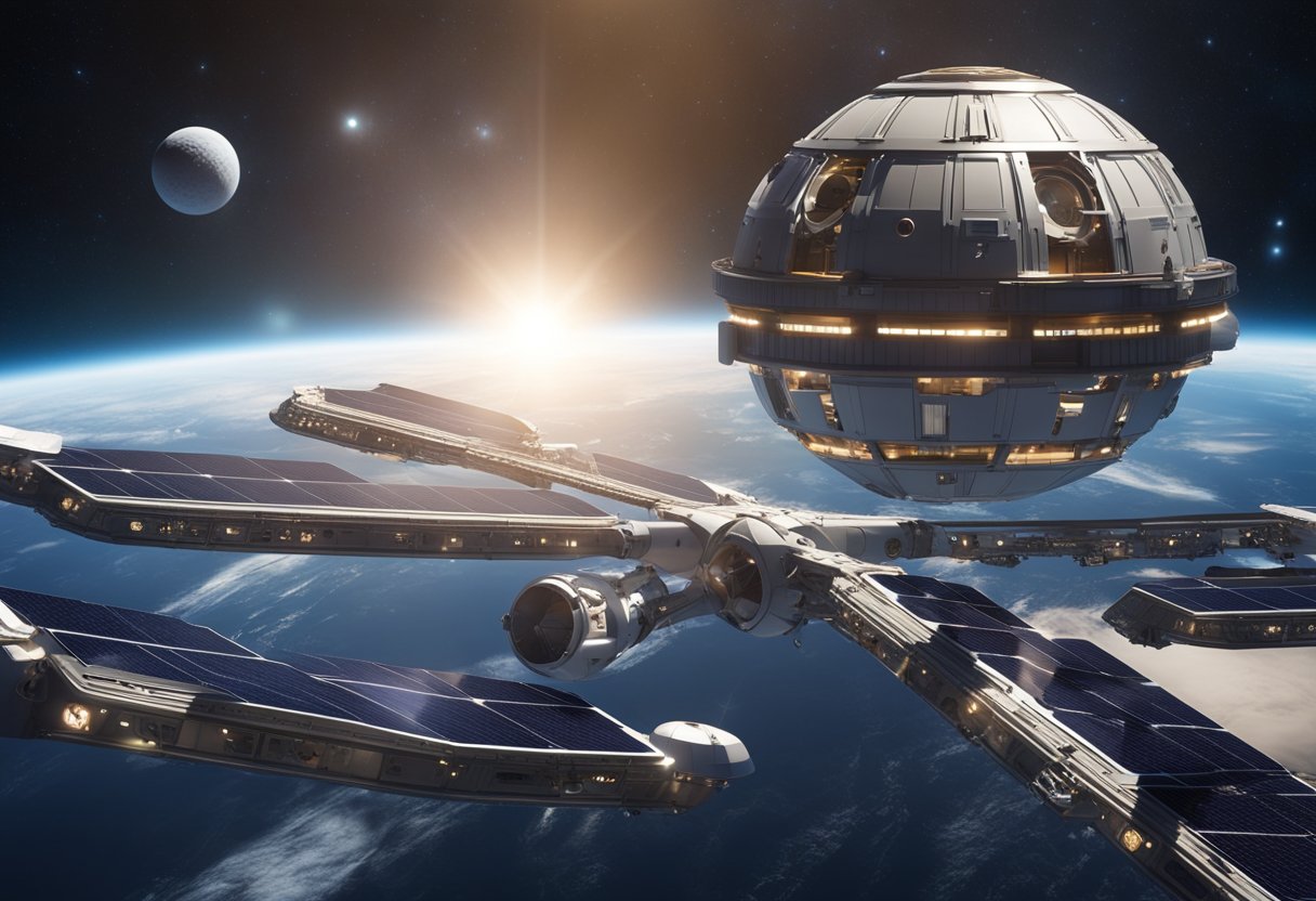 A space habitat with solar panels, airlocks, and living quarters, orbiting a distant planet