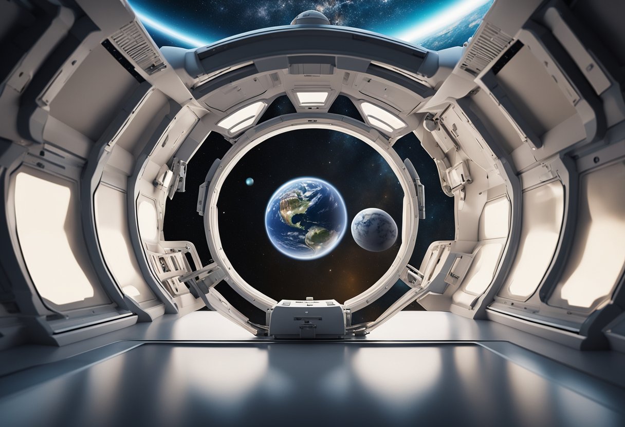 A sleek, futuristic space habitation module floats in the zero-gravity environment of outer space, surrounded by the distant stars and the Earth in the background