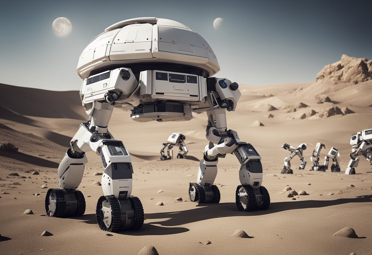 Robotic arms assemble and deploy modular habitat structures in a barren lunar landscape