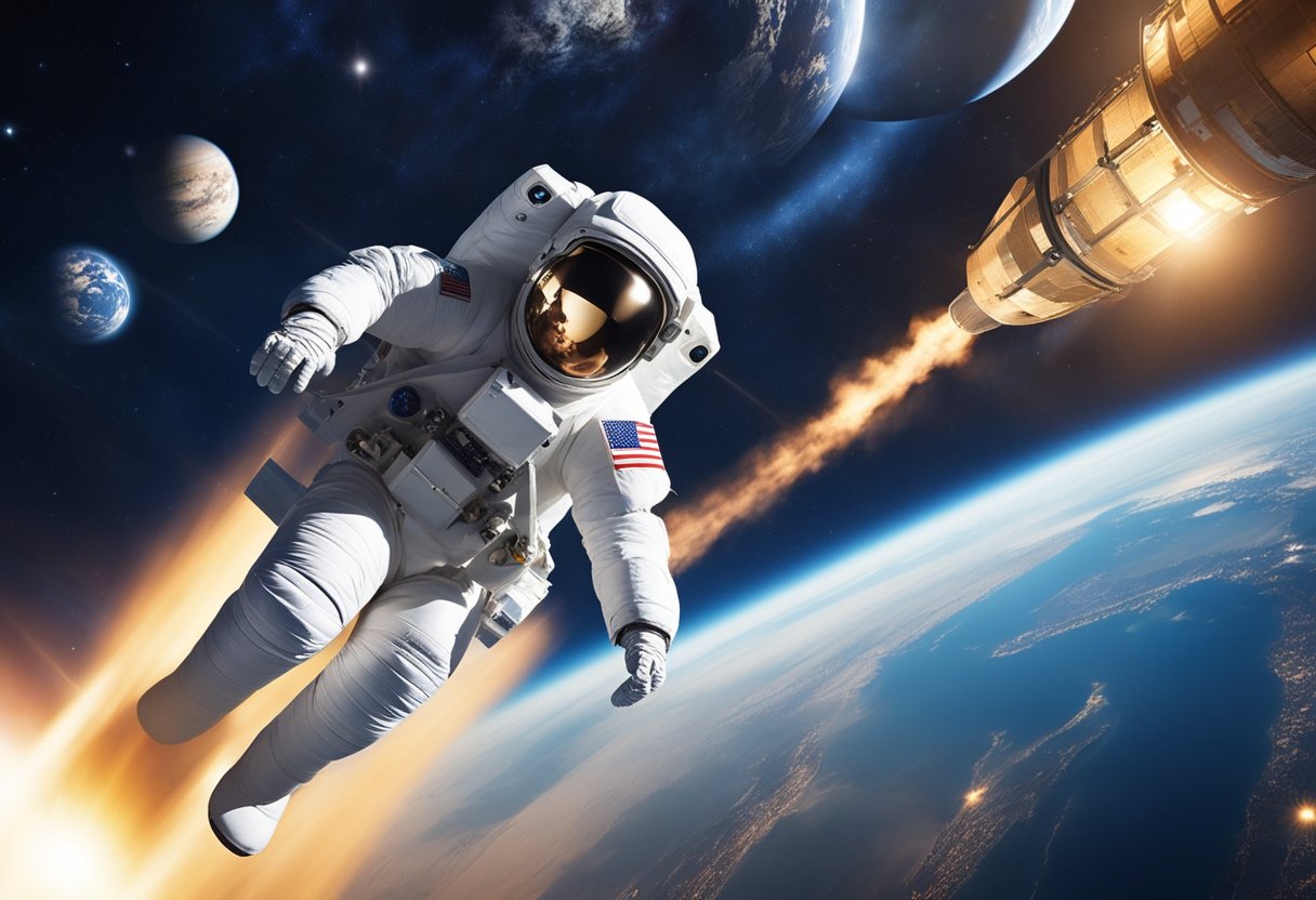 Space tourism regulation evolves: Earth in background, rocket launching, orbital hotels, and astronauts in spacesuits