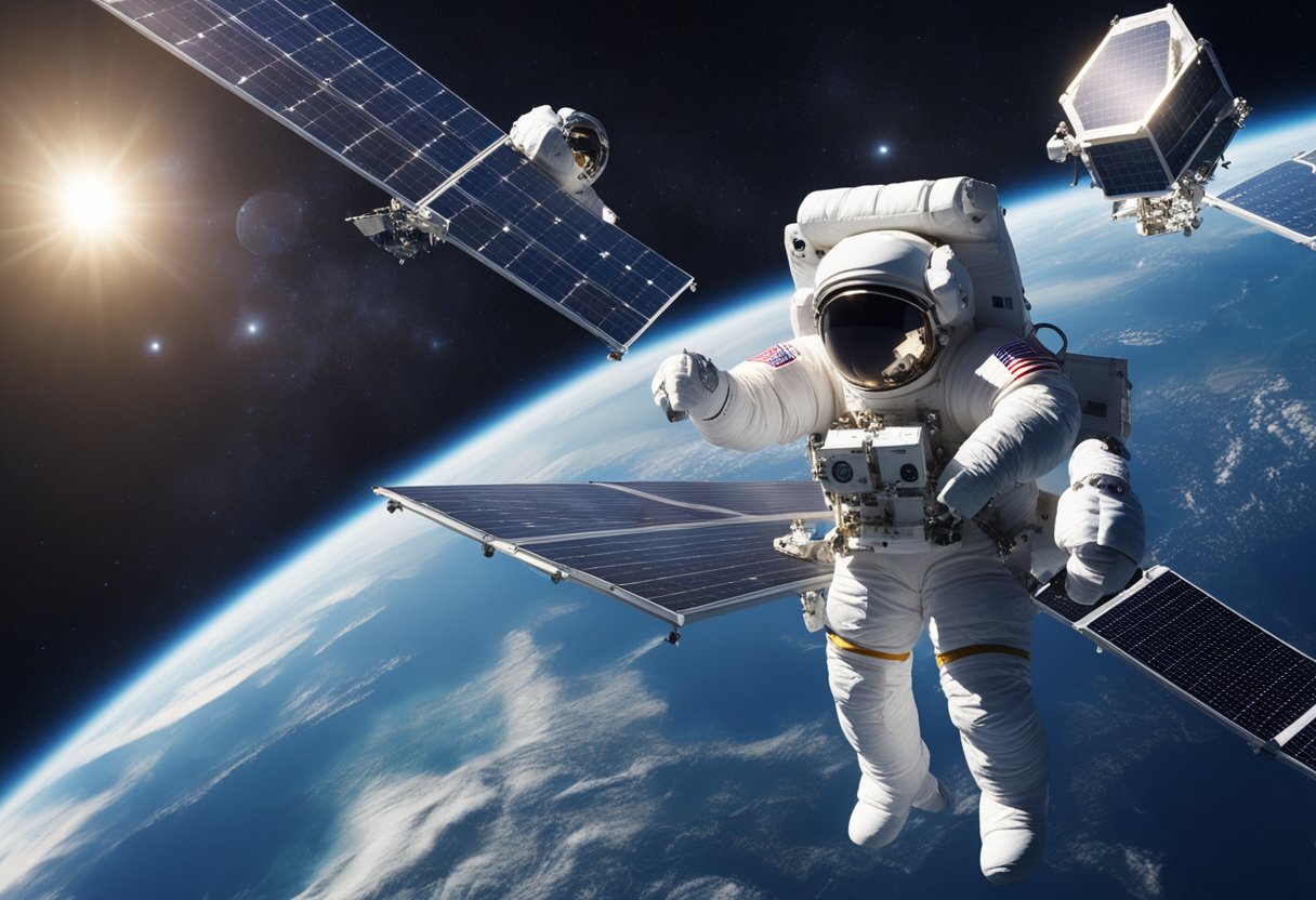 Space habitats orbiting Earth, with solar panels and communication arrays, housing astronauts conducting research and experiments in microgravity