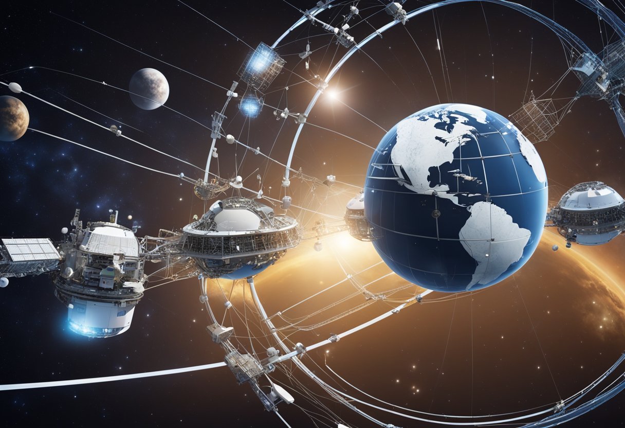 A network of interconnected space habitats orbiting Earth, with communication satellites linking them, showcasing global collaboration in space habitation technology