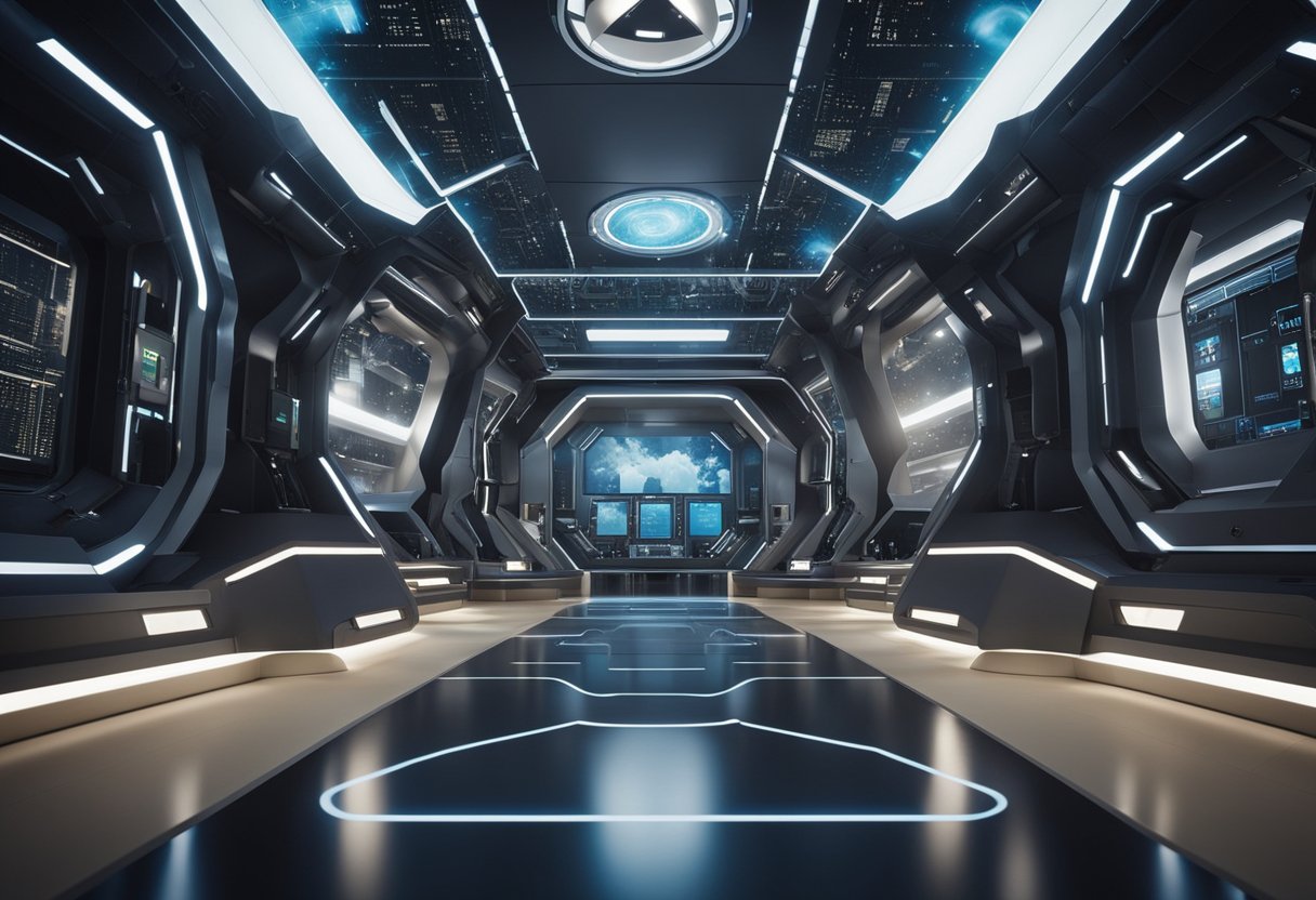 A futuristic space habitat with advanced technology and a FAQ section displayed prominently