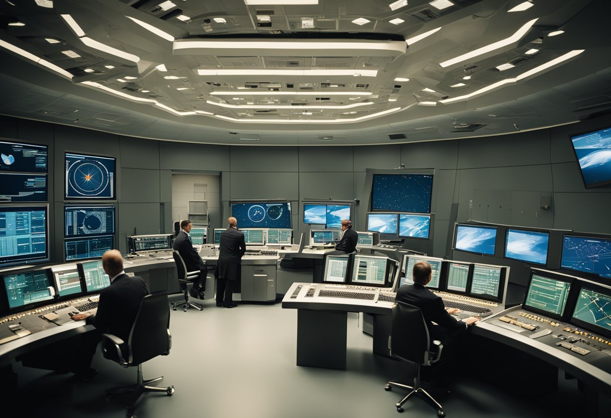 A group of officials review and certify space tourism regulations in a high-tech control room