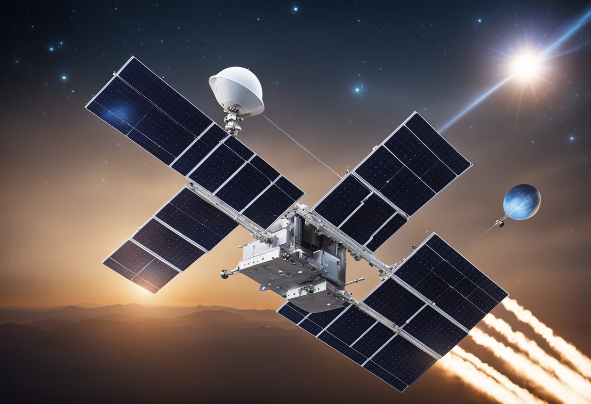 Unmanned spacecraft orbiting Earth, transmitting data back to mission control. Solar panels collecting energy, while antennas send and receive signals