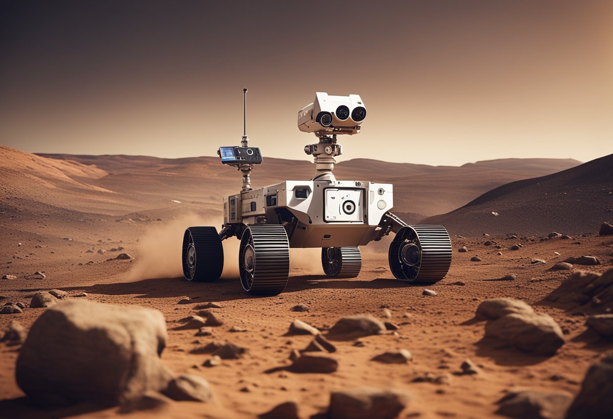 Robotic rover navigating rocky terrain on Mars, facing communication delays and solar power limitations