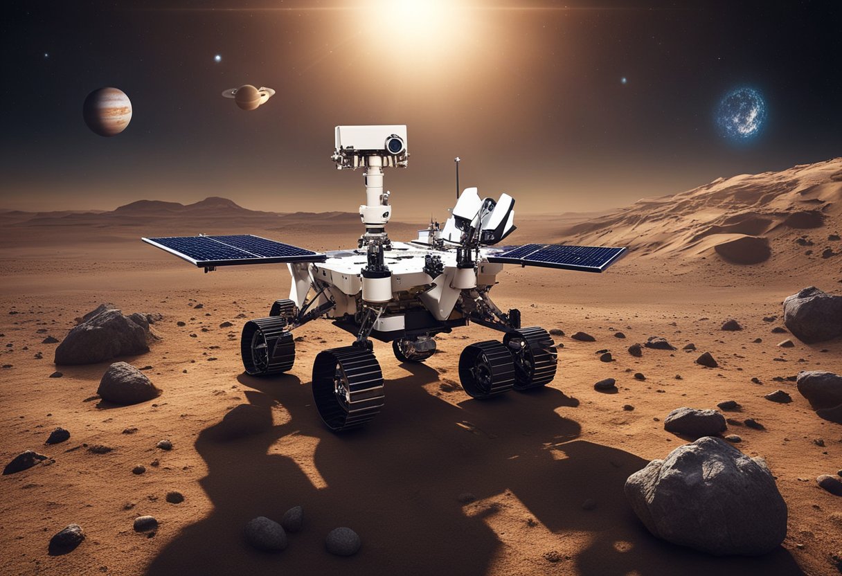 Robotic spacecraft orbiting distant planets, collecting data from their atmospheres and surfaces. A rover traversing rugged terrain, analyzing soil and rock samples. Satellites transmitting images of celestial bodies back to Earth